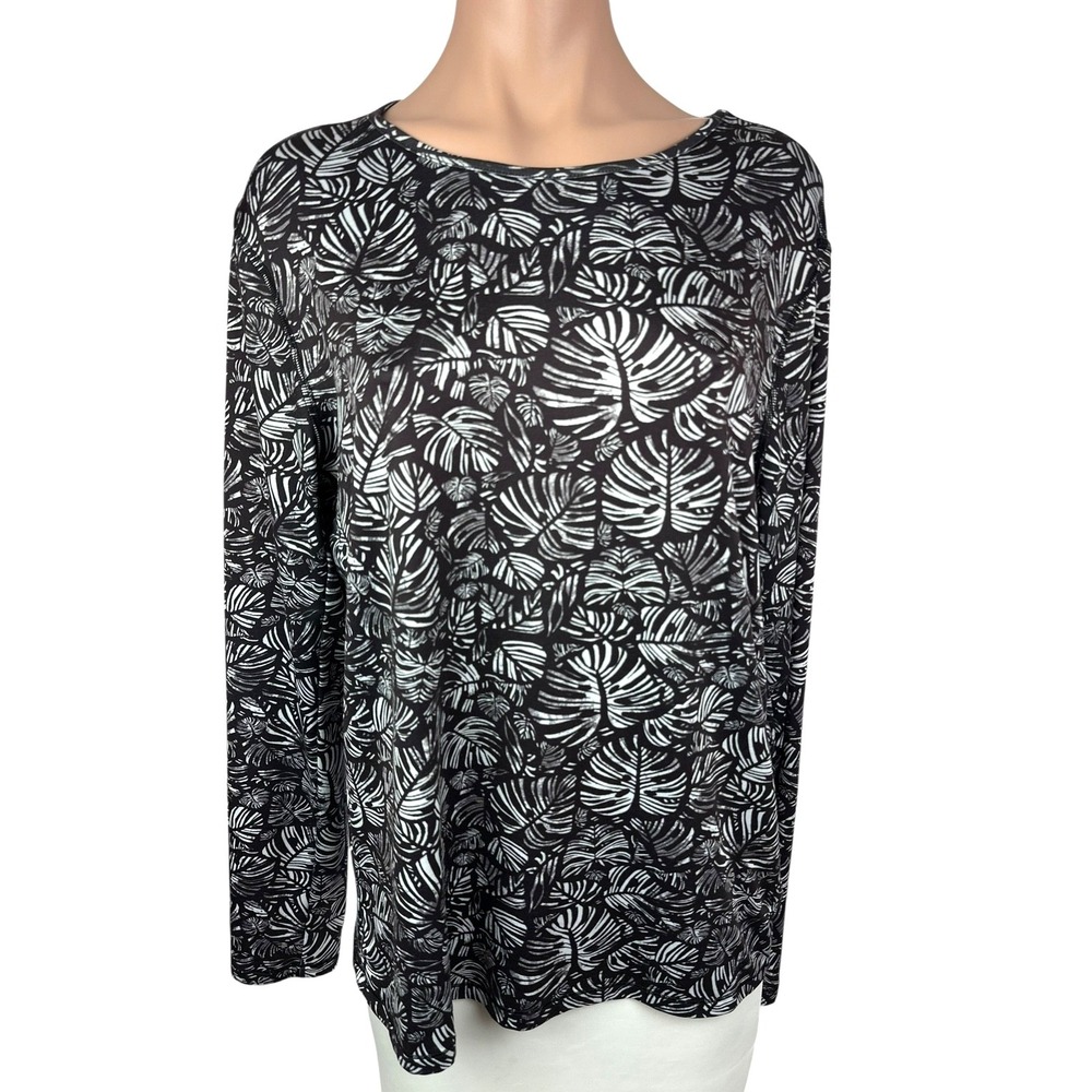 32% Cool Pullover Top Sz XL Black w White Leaf Pattern Long Sleeve Poly/Spandex